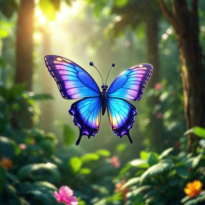 Primary subject: A purple butterfly with blue wings.

Setting/background: A forest with green trees and flowers.

Visual style: Digital art.

Colors and mood: The butterfly has a purple body and blue wings, creating a vibrant and lively atmosphere.